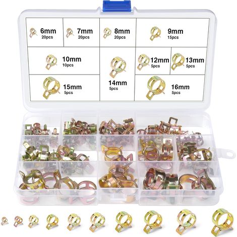 110 Pièces Clip à Ressort, 6-16mm Colliers De Serrage à Ressort 10 Tailles Collier Durite Essence pour Tuyau D'essence, Air et Eau (1/5)