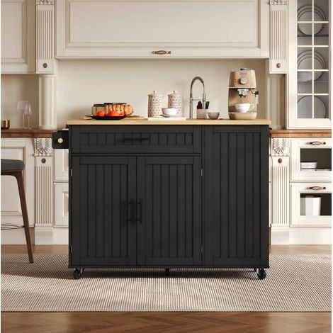 Mobile Kücheninsel mit klappbarer Arbeitsplatte, MDF schwarz, 130 x 45 (70) x 93 cm OKMYHOME (1/5)