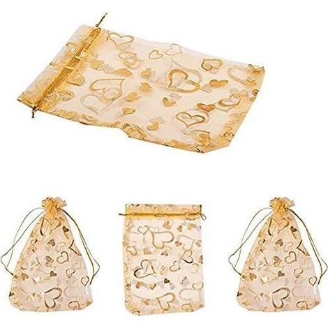 50 Pcs Pochettes à Bijoux Organza, Sacs Organza Imprimé Coeur Or Pochettes Cadeaux avec Cordon 9x12cm Parfait pour Mariage, Noël, Anniversaire, Anniversaire (1/5)