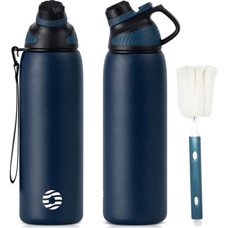 Trinkflasche Edelstahl Magnetdeckel Auslaufsicher Dunkelblau 1000 ml (1/5)