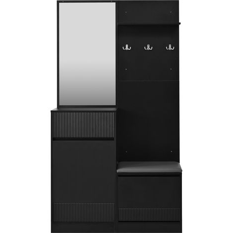 Mueble de entrada multifunción negro con zapatero, espejo, banco y LED (1/5)