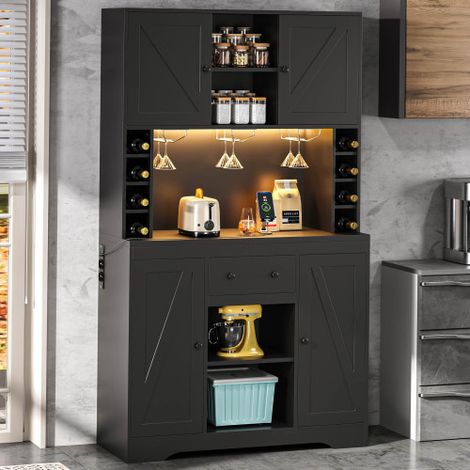 Meuble de cuisine, meuble haut, cave à vin avec étagères réglables, tiroir, porte-verres à vin en acier inoxydable, compartiments pour bouteilles, éclairage LED à changement de couleur et prises élect