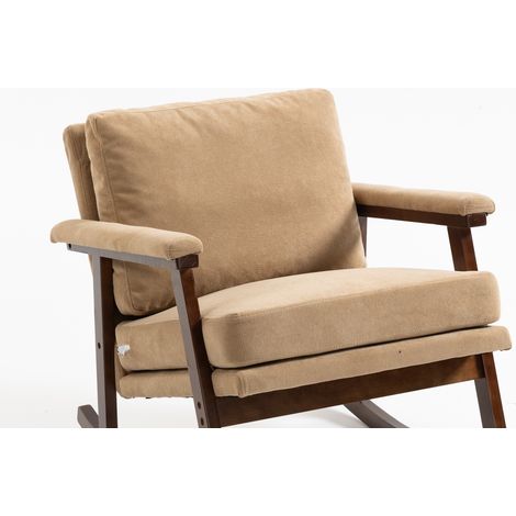 Poltrona a dondolo vintage moderna in velluto marrone chiaro con struttura in legno (1/5)