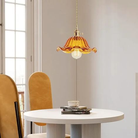 Lustre Suspension en Ambre,Lampe de Plafond Vintage Abat-jour en Verre Design Fleur E27 Luminaire Suspension Style Industriel (1/5)