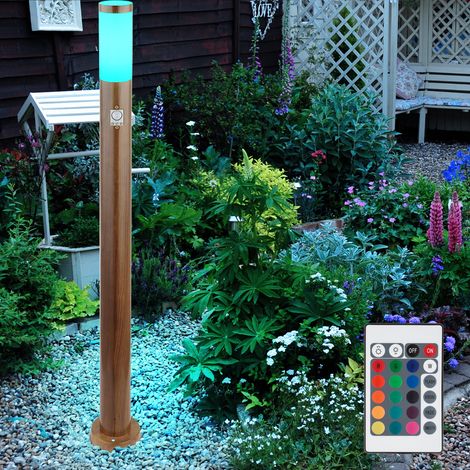 Pollerleuchte mit Bewegungsmelder Außenlampe Sensor Standleuchte Holzoptik, Fernbedienung dimmbar, Edelstahl, 1x RGB LED 8,5W 806Lm, DxH 12,7x110cm
