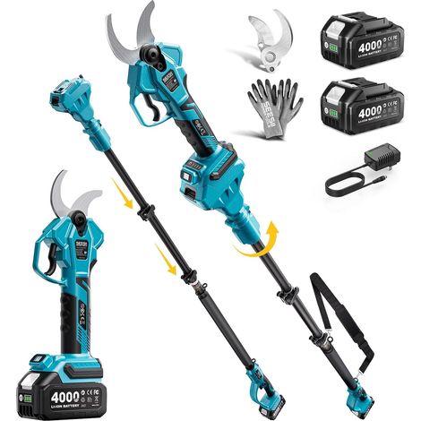 Secateur Electrique Sans Fil Avec Perche Telescopique, 2 Batteries Coupe 40 mm, Design 2-en-1, 4,0Ah Batteries, Portee Totale 4,5 m, Lame SK5, Moteur Sans Balais , Pour Jardin Et Verger (1/5)