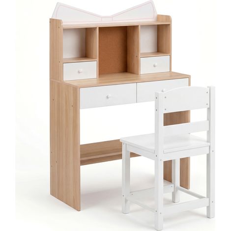 COSTWAY Kids Study Desk and Chair Set with Open Shelves Natural (1/5)