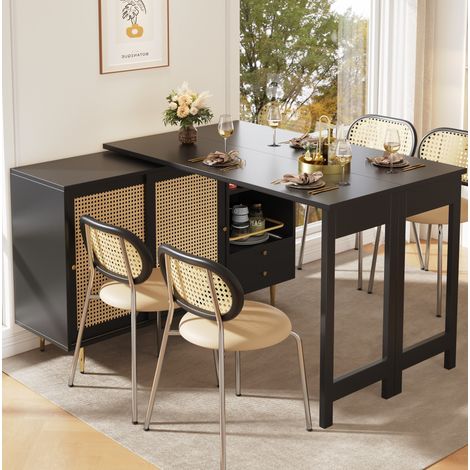 Sideboard bar en MDF noir, 107x40x71,4 cm, extensible et rotatif à 360°, portes en rotin, étagères ouvertes et tiroir (1/5)