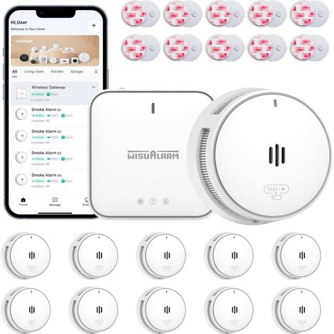 Détecteur de fumée interconnecté avec Station de Base, Fonctionne avec l'application, Alarme de fumée Intelligente, Notification d'application, Norme en 14604 (10détecteurs de fumée+1Station de Base)