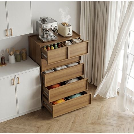 Kommode 80x48x127 cm Eichenfarbe aus MDF und Holzwerkstoff mit 6 Schubladen und Kippschutz (1/5)