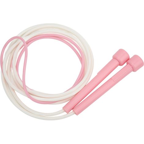 Corde à sauter ajustable, idéale pour le fitness, adaptée aux élèves du primaire, aux enfants de maternelle et de lycée. Poignée et corde roses et blanches. (1/5)