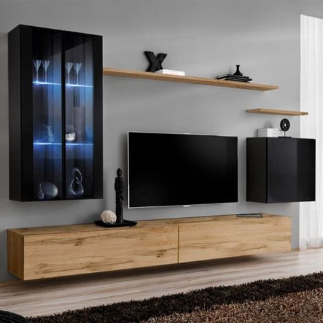 Meuble TV Mural Design "Switch XII" 270cm Noir & Naturel (1/4)