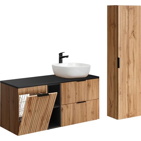 Ensemble meuble simple vasque 120cm 2 niches panier à linge et colonne Adriel Bois et Noir (1/5)