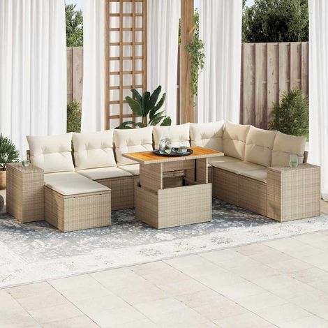 9 Piece Garden Sofa Set with Cushions Beige Poly Rattan Acacia vidaXL (1/5)