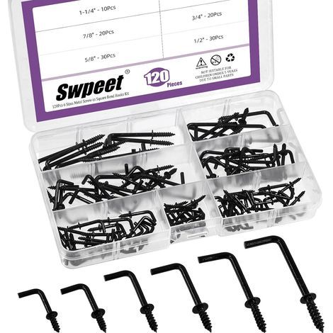 Pack of 120 black carbon steel square hooks in 6 sizes - L-shaped self-tapping screws for picture frames - Right angle hook for home/workplace/office (1/5)