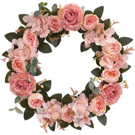 Couronne de fleurs d'hortensia pivoine artificielle 13,4 pouces printemps été pour décoration murale de porte d'entrée rose clair (1/5)