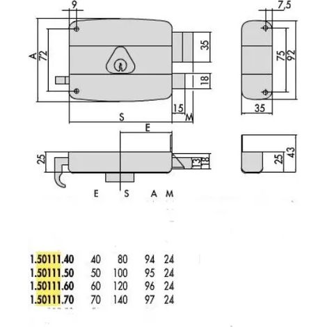 Serratura da Applicare Cisa 50111-50-1 per Porte in Legno, Fisso a Destra, Lunghezza 50 mm
