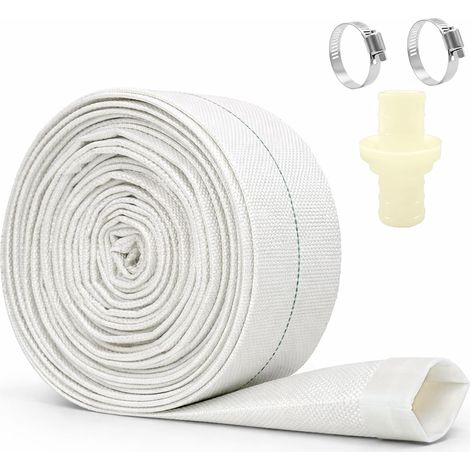 Tuyau de Refoulement Plat 32mm (1-1/4") x 10m, Tuyau Pompe à Eau Blanc avec 2 Colliers (1/5)