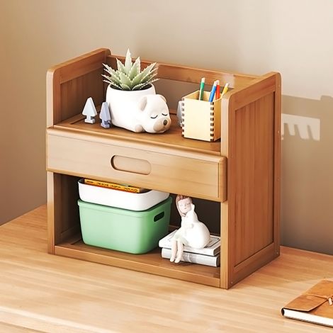 2-Tier Bamboo Desktop Bookshelf with Drawer (1/3)