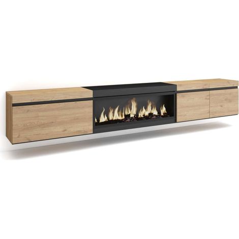 Mueble TV Macharaviaya-01 de 288x45x35 cm con chimenea eléctrica XXL suspendido, color roble y negro (1/4)