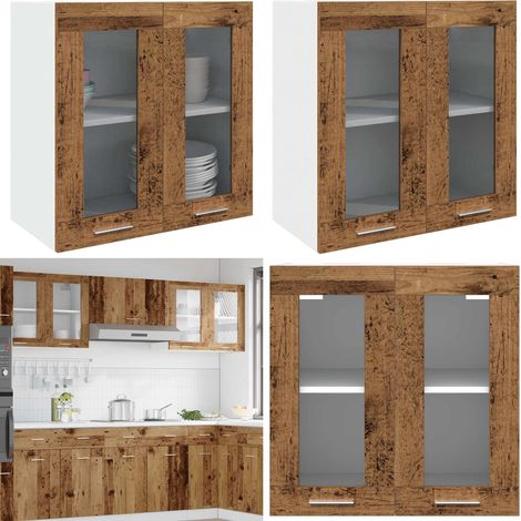 Armario de cocina de pared "Lyon" con puerta de cristal, madera vieja,, 60x31x60 cm - Armario de pared - Cocina organizada