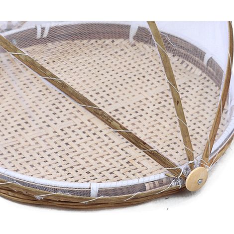 Panier de service en bambou tressé rond avec couvercle à mailles pour aliments (1/5)
