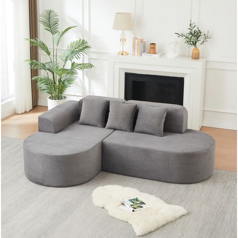 Canapé d'angle modulable en L 220 cm en corduroy gris, accoudoirs arrondis (1/5)