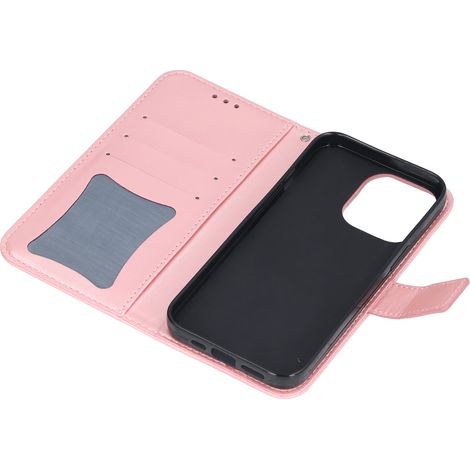 Étui portefeuille pour iPhone 13 Pro en cuir PU, à rabat, avec fente pour cartes et support, motif floral à sept pétales en relief, or rose.