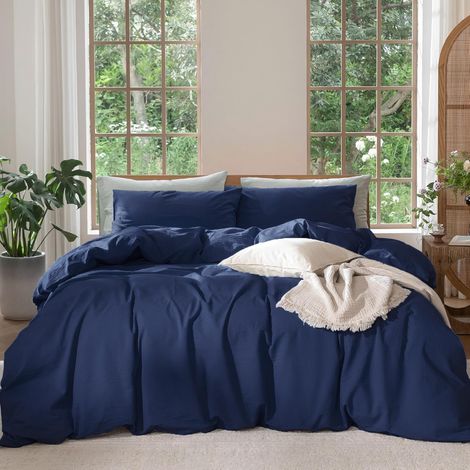 Parure de lit bleu 220 x 240 cm en coton percale uni avec housse de couette 220 x 240 cm et taies d'oreiller avec fermeture éclair (1/5)