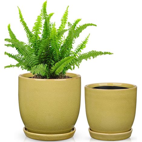 Keramik Übertopf 2er-Set mit Untersetzer, 15/12cm, für Zimmerpflanzen, Retro-Design, Grün (1/5)
