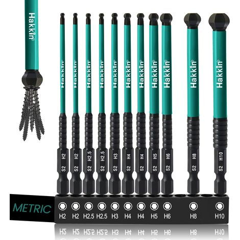 Lot de 11 tournevis à tête sphérique hexagonale - 100 mm - Long 1/4" S2 - Tournevis magnétique à six pans creux - Pour visseuse sans fil H2/H2,5/H3/H4x2/H5/H6/H8/H10 (1/5)
