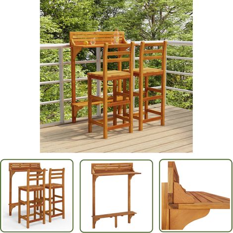 The Living Store 3-tlg. Balkonbar-Set Massivholz Akazie - Balkenbar Set - Gartenmöbel - Esszimmergarnitur - Holztisch - Holzhöcker (1/5)