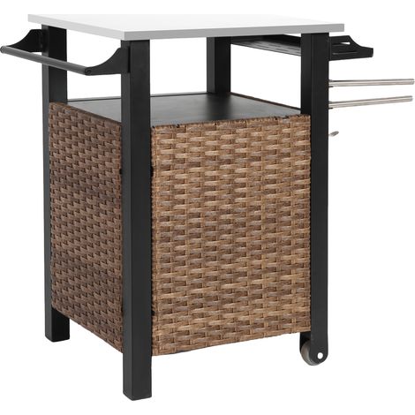 Chariot de bar d'extérieur en rotin avec porte simple, plateau inox extensible et roulettes, brun (1/5)