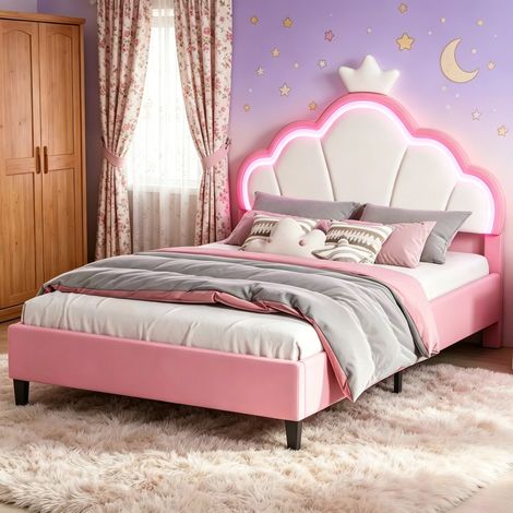 Lit capitonné 140×190 cm avec lumières LED, lit princesse avec décoration couronne, lit double avec tête de lit réglable, Sommier à lattes, lit ados, lit enfants, Velours, Rose