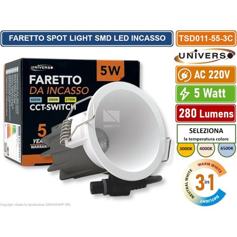 UNIVERSO TSD011-55-3C FARO FARETTO LED PUNTO LUCE SPOT LIGHT ROTONDO COLORE BIANCO DA INCASSO 5W CCT SWITCH IP20 (1/5)