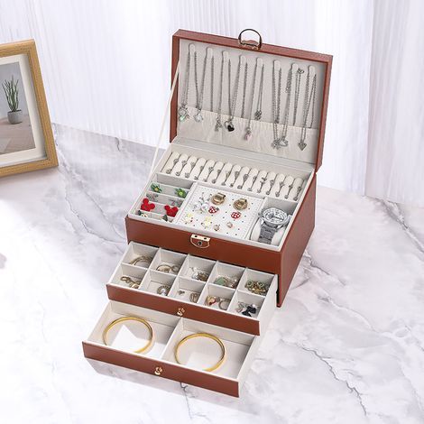 Boîte à bijoux, Organisateur de bijoux avec 2 tiroirs, Boîte de rangement de bijoux en cuir à 3 couches avec serrure, Coffret à Bijoux pour collier, d'oreille, bracelet (Brun, 3 Couches) (1/5)