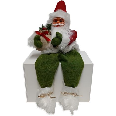 Decorazione Natalizia in Tessuto Rosso e Verde Regali Babbo Natale seduto da Appoggio 58 cm con Sacco porta i doni ai bambini Barba Occhiali, Cappello Dettagli Realistici