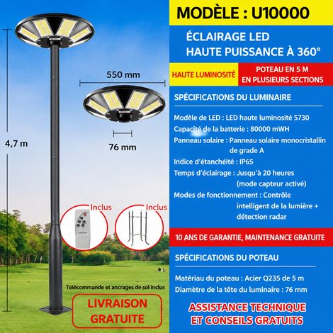 Lampadaire solaire extérieur LED U10000 avec mât 5 m éclairage 100 m² u10000 5 100 3 kg – Livraison gratuite