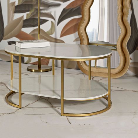 Couchtisch Bafarane, Oval, Weiße Tischplatte, Metallstruktur, 90x60x45h cm, Weißer Marmor (1/5)
