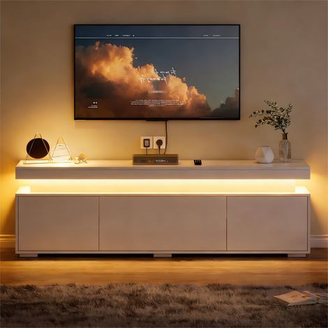 Meuble TV avec LED, 3 portes et 4 niches, blanc brillant, panneau de particules, 150x35x43 cm (1/5)
