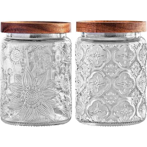 Lot de 2 bocaux de rangement en verre avec couvercle en bois hermétiques pour grains de café, thé en vrac, sucre (bégonia transparent, tournesol, rond, 700 ml) (1/5)