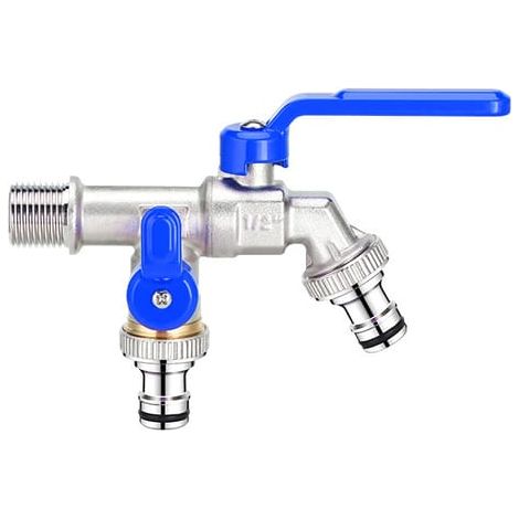 1/2" Messing-Gartenarmatur, Doppelauslauf und Doppelkopf, 1/2 x 3/4 x 3/4 [4-Punkt-Verlängerungsgewinde, Blau]