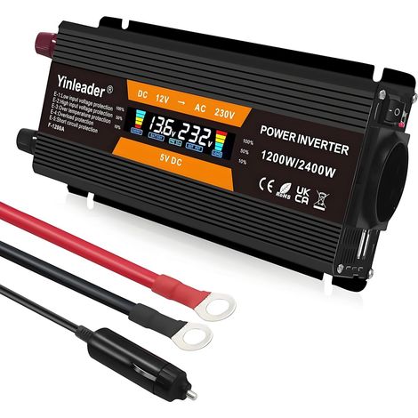 Convertisseur 12V 220V 1200W /2400W Onduleur 12 V 230 V Double USB Power Inverter, Electronique pour Voiture, avec 1 Prise de Courant et écran LCD pour Caravane, Bateau, Camping, Voyage (1/5)