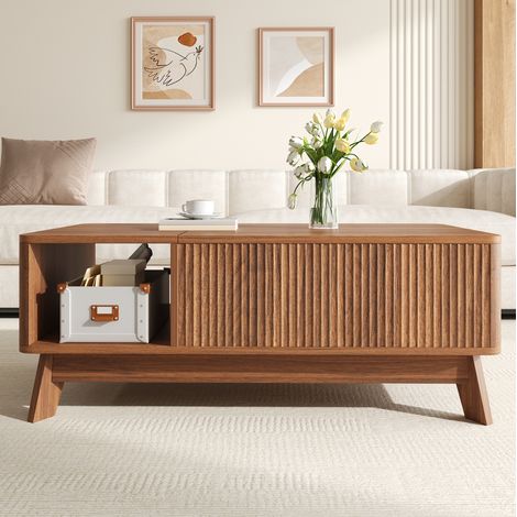Mesa de centro elevable 95x48x50 cm de MDF color nogal con almacenaje para salón – MEUBLIV (1/5)