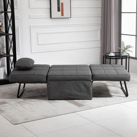 4-in-1-Kombination aus Chaiselongue, Bett und Hocker mit 5-fach verstellbarer Rückenlehne, ausklappbarer Fußstütze, 200 kg Belastbarkeit, Metallrahmen und grauem Leinenbezug