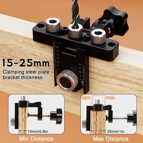 Guida per foratura cerniere, guida per foratura legno, guida per foratura carpenteria regolabile, posizionatore fori obliqui per lavorazione del legno 8/10/15 mm (stile 1, lega di alluminio, 10  6,5   (1/4)