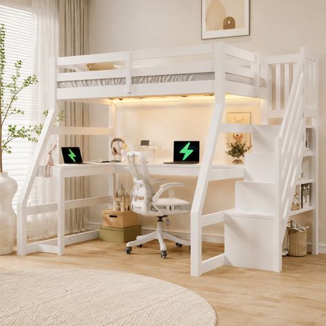 Letto a soppalco 90x200 cm in legno bianco con scrivania LED, senza materasso – MEUBLIV (1/5)