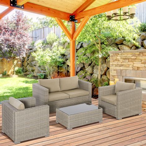 Ensemble de salon de jardin en rotin 4 pièces comprenant 1 canapé, 2 fauteuils et 1 table basse. Coloris kaki et beige.
