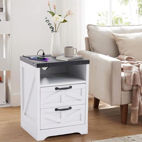 Lot de 2 tables de chevet multifonctions – Style industriel et ferme, avec 2 tiroirs, prises AC, ports USB et Type-C – Idéales pour chambre et salon (1/5)