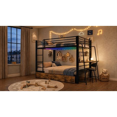 Letto a soppalco 140x200 cm con scrivania, 2 cassetti, LED RGB, presa USB-C, nero DESVIAE (1/5)